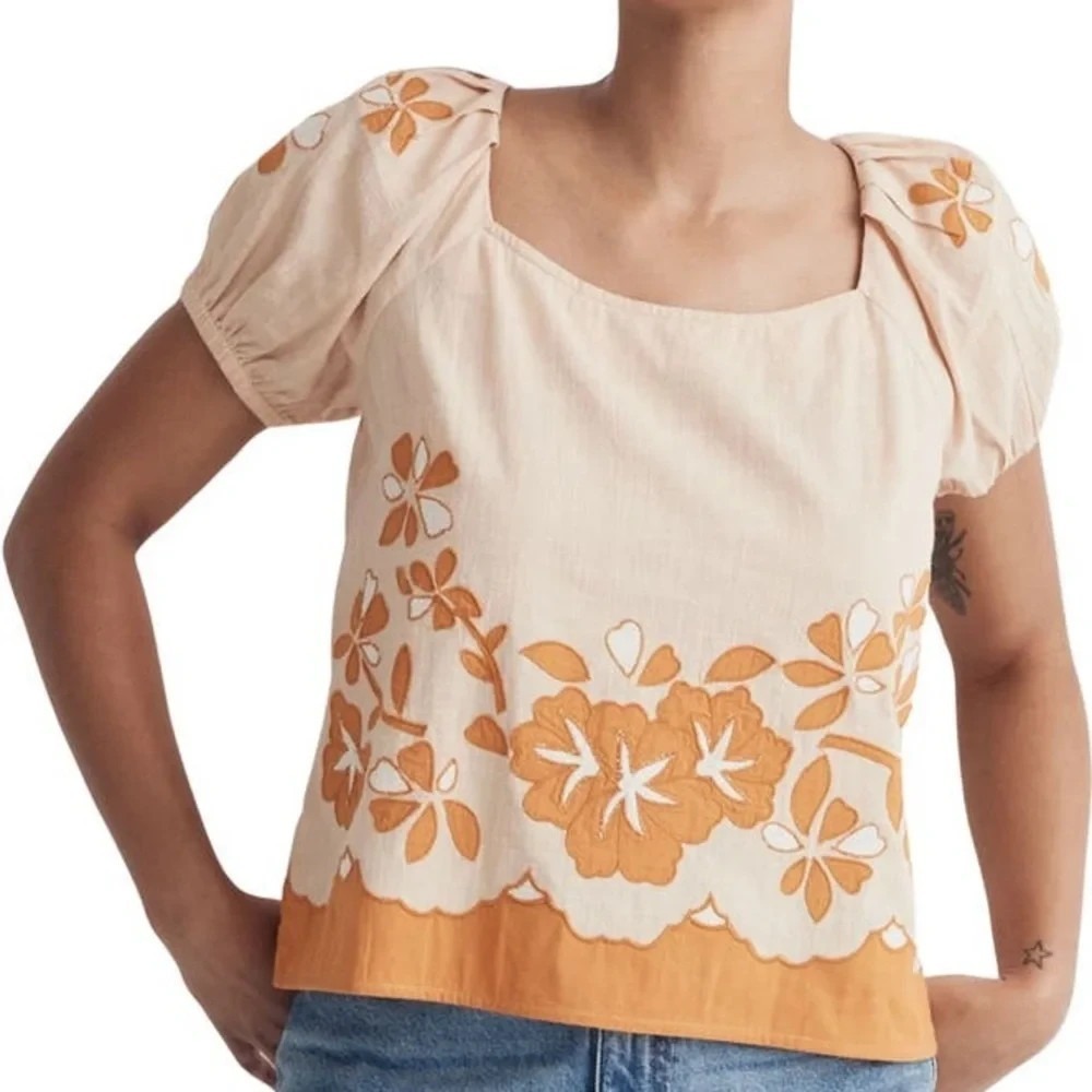 Madewell Embroidered Flower Puff Sleeve Cotton Lace-Up Back Top Plus Size 1X - Picture 13 of 13